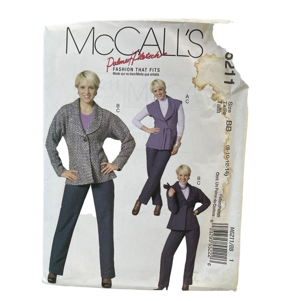 McCalls Sewing Pattern 6211 Vest Jacket Belt Pants Misses Size 8-14